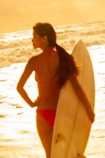 Selective Focus Rear View Beautiful Sexy Young Woman Surfer Girl — Stock Photo, Image