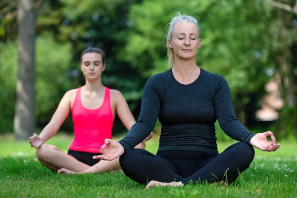 Mogen Passar Friska Mellersta Åldern Kvinnliga Yoga Lärare Yogi Undervisning — Stockfoto