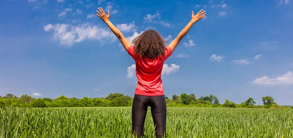 若い女性少女女性ランナー ジョガー立って腕の背面ビュー パノラマ Web バナー発生祝う立っている青い空と緑のフィールドの — ストック写真