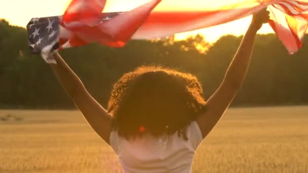 ビデオ クリップの混合レース アフリカ系アメリカ人の女の子 代女性若い女性アメリカの米国スターを保持 夕日や日の出 ストライプ フラグで麦畑で — ストック動画