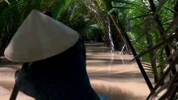 Vietnam Mekong Deltası Nda Yaprak Şapka Takan Geleneksel Bir Tekne — Stok video