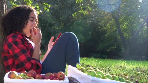 美しいアフリカ系アメリカ人の混血十代の女の子若い女性に座って彼女の携帯電話のセルのスマート フォンを使用してリンゴを食べる果樹園の木にもたれ — ストック動画