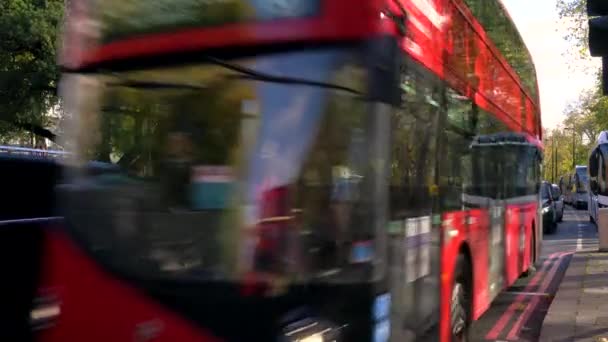 2017年11月12日 英国伦敦 伦敦公园巷 出租车和红色双层伦敦大巴在伦敦海德公园公园公园巷向大理石拱门行驶 — 图库视频影像