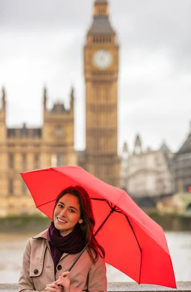 Chica Joven Turista Vacaciones Con Paraguas Heart London Con Big — Foto de Stock