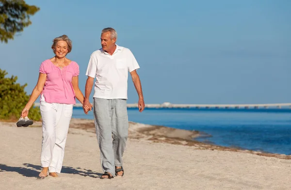 Happy Senior Man Woman Couple Walking Laughing Holding Hands Vacation — Stock Photo, Image