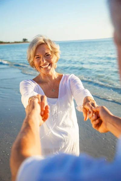 Happy Senior Man Woman Couple Dancing Holding Hands Deserted Tropical — Stock Photo, Image