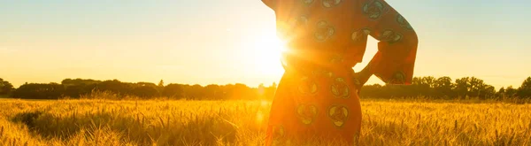 Panoramautsikt Över Web Banner Afrikansk Kvinna Traditionella Kläder Stående Tittar — Stockfoto