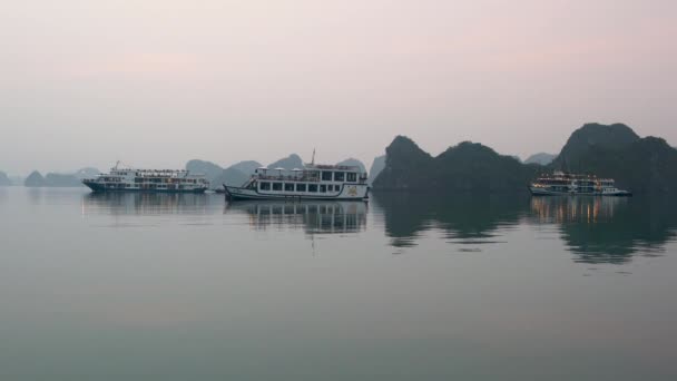 Kreuzfahrtschiffe Ankern Langer Bucht Der Abenddämmerung Cat Nationalpark Nordosten Vietnams — Stockvideo