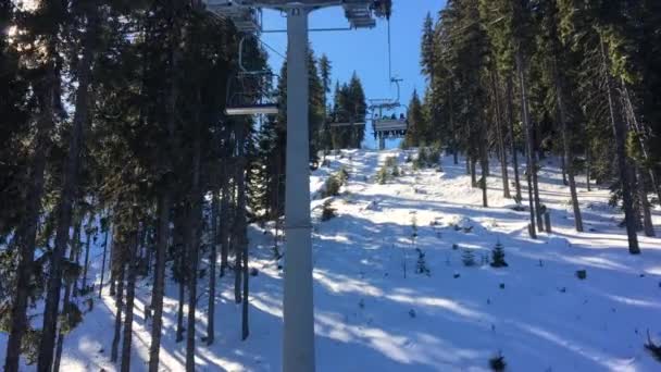 Dört Kişi Sandalye Teleferik Ağaçları Mavi Gökyüzü Ile Bir Dağ — Stok video
