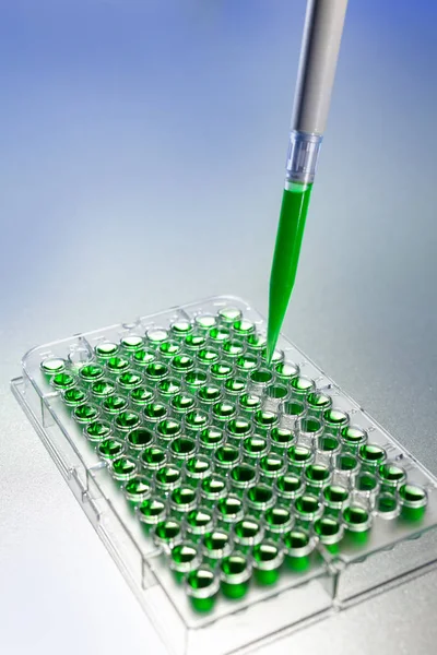 Grüne Lösung wissenschaftliche Forschung mit Pipette und Zellplatte — Stockfoto
