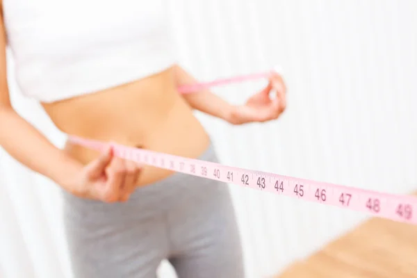 Woman Female Girl Measuring Waist With Tape Measure — Stock Photo, Image