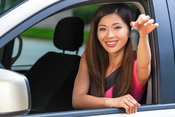 Chinese Asian Young Woman Girl Holding Key Driving Car Smiling — Stock Photo, Image