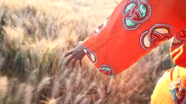 Afrikansk Kvinna Traditionella Kläder Promenader Med Handen Röra Och Känna — Stockvideo