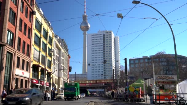 Hackescher Markt Berlin Almanya Şubat 2019 Berliner Fernsehturm Televizyon Kulesi — Stok video