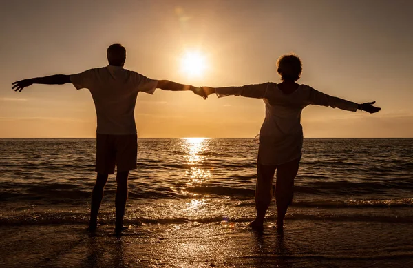 Casal sênior segurando as mãos ao pôr do sol na praia tropical — Fotografia de Stock