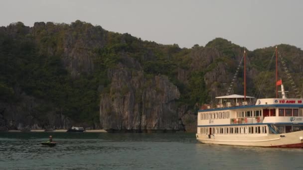Lokale Frau Paddelt Traditionelles Boot Lange Bucht Katze Nationalpark Vietnam — Stockvideo
