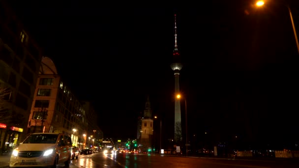 Ver Karl Liebknecht Strasse Night Berlin Alemania Febrero 2019 Vista — Vídeos de Stock