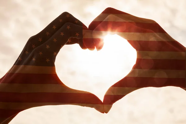 American Usa Flag Hand Heart Shape Silhouette Made Sun Sky — Stock Photo, Image