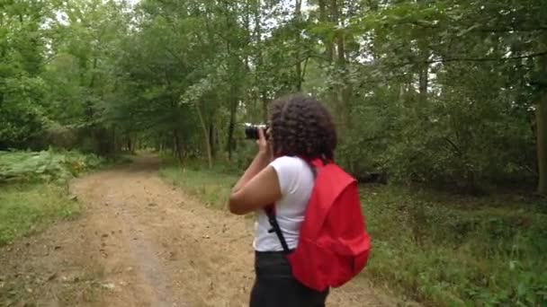 Adolescente Africano Americano Misto Menina Jovem Mulher Caminhadas Com Mochila — Vídeo de Stock