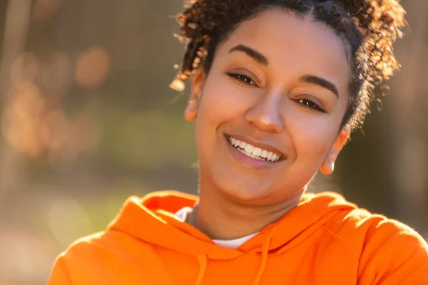 Outdoor Portrait Beautiful Happy Mixed Race Biracial African American Girl — Stock Photo, Image