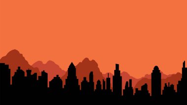 Şehir ve dağ silueti. Düz stil tasarım vektör çizim. Binalar siluetleri. Modern kentsel peyzaj