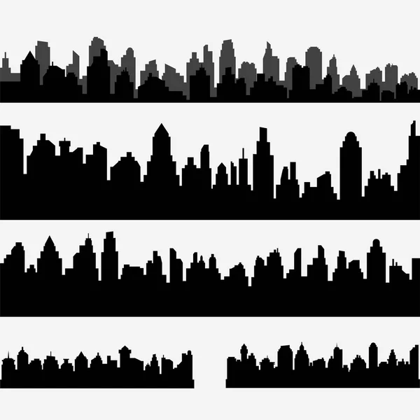 Set Vettoriale Paesaggio Urbano Orizzontale Nero Diverso Silhouette Della Città — Vettoriale Stock