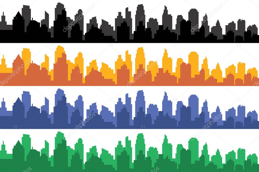 Vector set of different color horizontal cityscapes. Vector city silhouettes, element for design banners,web design, architectural backgrounds