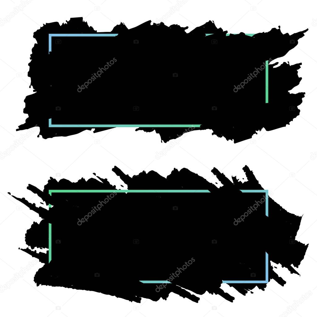 Two black banners,headers of ink brush strokes,vector set. Black blank textured shapes. Dirty artistic design elements, frames for text. Isolated on white background