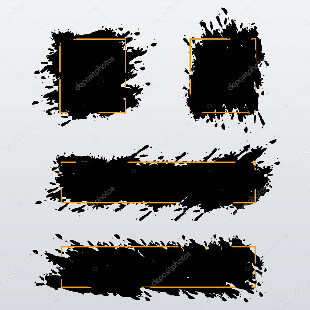 Vector set of trendy banners,headers of ink brush strokes. Black blank textured shapes. Dirty artistic design elements, frames for text. Isolated on white background