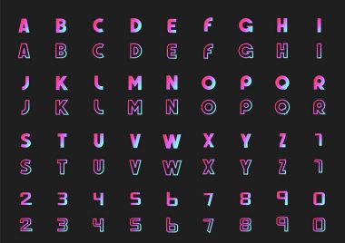 Alfabe ve sayıların harf vektör kümesi, neon stili