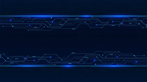 Banner de linhas de placa de circuito de néon azul brilhante — Vetor de Stock
