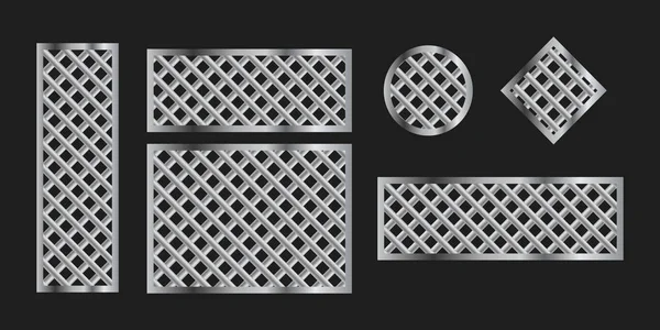 Cadres de grilles métalliques sur fond noir, ensemble vectoriel — Image vectorielle