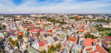 Lublin - a panorama of the old town from a bird's eye view. Tourist part of the city of Lublin from the air with visible monuments.