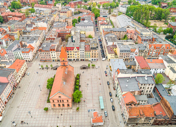 New Town Square in Torun aerial view. Landscape of the old city from the air.