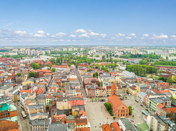 Torun from the bird's eye view. Landscape of the city with the New Town Square.