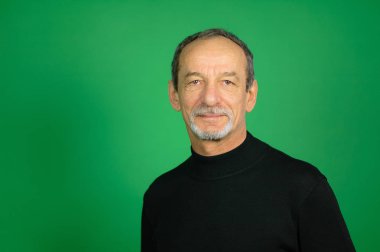 Stüdyo çekim iyi kesilmiş sakallı ve yeşil bir arka plan üzerinde gri saç ile üst düzey adamın erkek yüzü