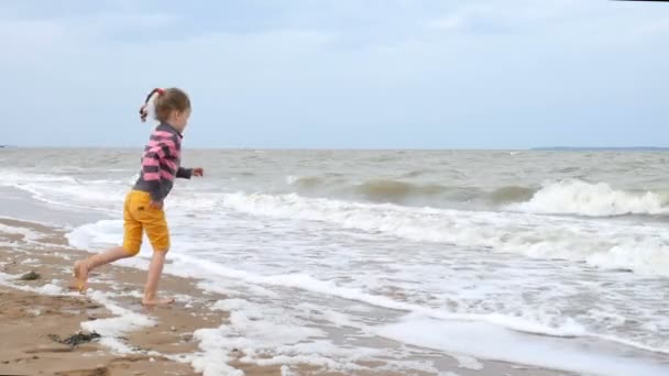 Ευτυχισμένος ενεργό κορίτσι παίζει με τα κύματα στην παραλία κοντά στο νερό. Μια αδύναμη καταιγίδα στη θάλασσα, ισχυρό άνεμο. Καλοκαιρινές διακοπές, ευτυχισμένη παιδική ηλικία έννοια. — Αρχείο Βίντεο