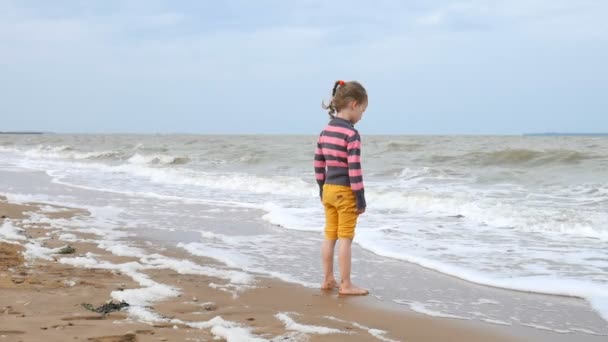 Χαριτωμένο κορίτσι που βλέπουν τα κύματα του ωκεανού που στέκεται κοντά στο νερό. Αδύναμη καταιγίδα στη θάλασσα, ισχυρό άνεμο και κύματα. Καλοκαιρινές διακοπές έννοια. — Αρχείο Βίντεο