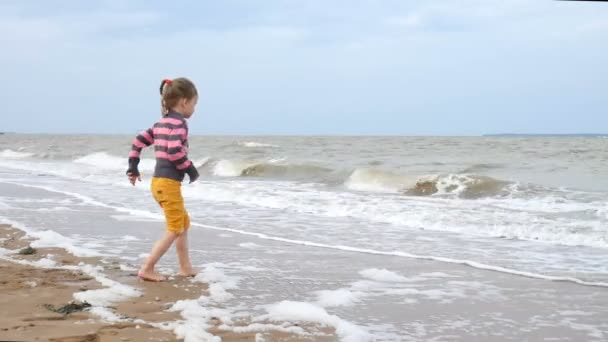 Petite fille joyeuse jouant avec les vagues sur la plage près de l'eau. Vacances d'été, concept de bonne enfance . — Video