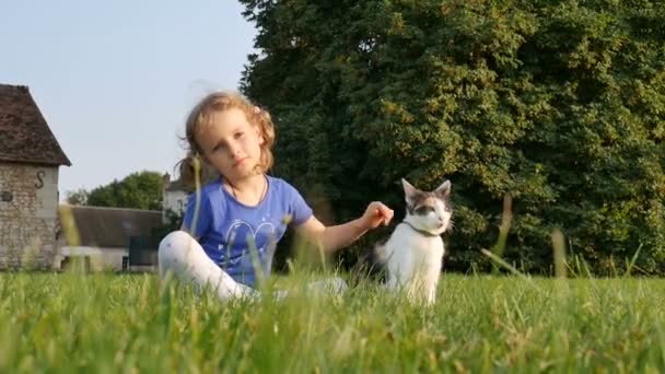 Ein süßes Mädchen und eine dreifarbige Katze sitzen nebeneinander im Gras. vor dem Hintergrund eines alten Hauses und hoher Bäume