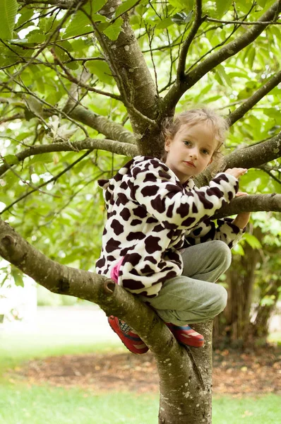 Una niña rizada con un vellón moteado y botas de goma está sentada en un árbol. Vacaciones en el pueblo, actividad física —  Fotos de Stock
