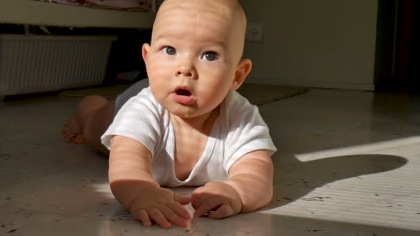 Ładny sześć - miesiąc życia dziecka jest leżącego na podłodze, uśmiecha się wesoło. Dziecko puka brook na podłodze i szarpie energicznie nogi — Wideo stockowe