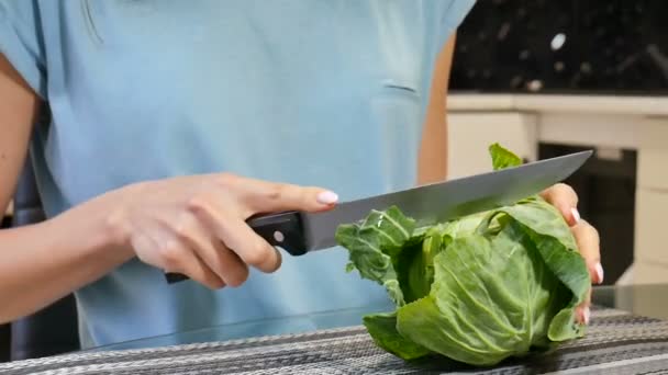 Chef-kok witte kool snijden op tafel, close-up vrouwelijke handen. Dieet gezonde voeding concept. — Stockvideo