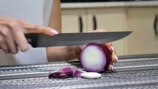 Jovens mãos femininas cortando cebola vermelha enquanto cozinha salada de legumes na cozinha. Conceito de comida orgânica vegetariana — Vídeo de Stock