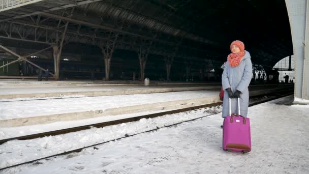 Reisende Die Winter Frühmorgens Mit Einem Lila Koffer Bahnhof Auf — Stockvideo