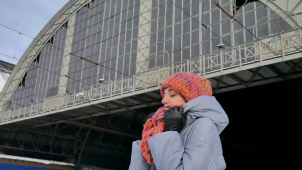 Czekając na dworcu kolejowym w dzień słoneczny, ale zimno zimą kobiece podróżnik. Koncepcja podróż. — Wideo stockowe