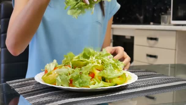 Close-up de mãos femininas cozinhar salada de legumes na cozinha — Vídeo de Stock