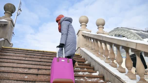 Вид сзади на молодую взрослую девушку в тёплом пальто и красочной вязаной шляпе, взбирающуюся по лестнице с фиолетовым чемоданом на голубом фоне весеннего неба — стоковое видео