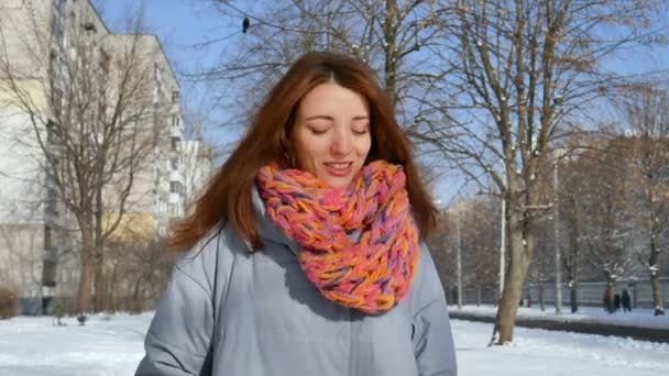 Amazing young woman in coat and colorful knitted scarf posing looking at the camera during sunny day on blue sky background — Stock Video