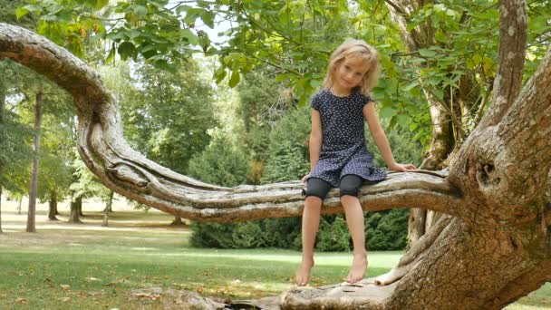Aranyos szőke lány mezítláb ül a fa ága a parkban nyári nap folyamán — Stock videók